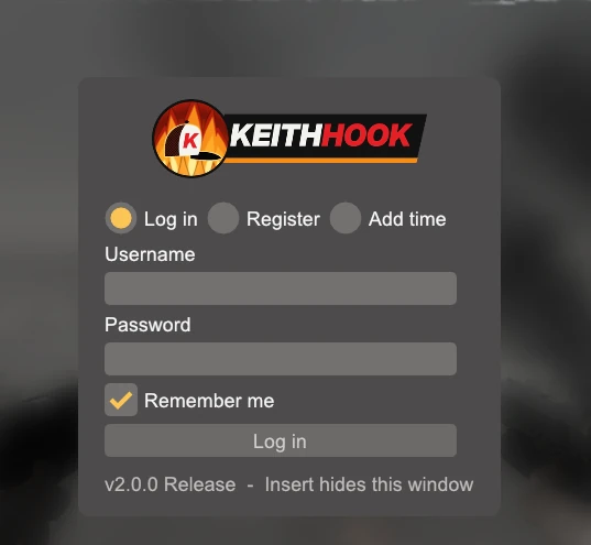 The KeithHook login window: Log in, Register, Add time, Remember me