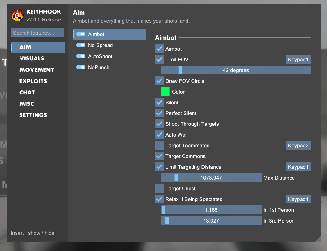 The KeithHook menu on the Aim page: the aimbot's options, including Relax If Being Spectated