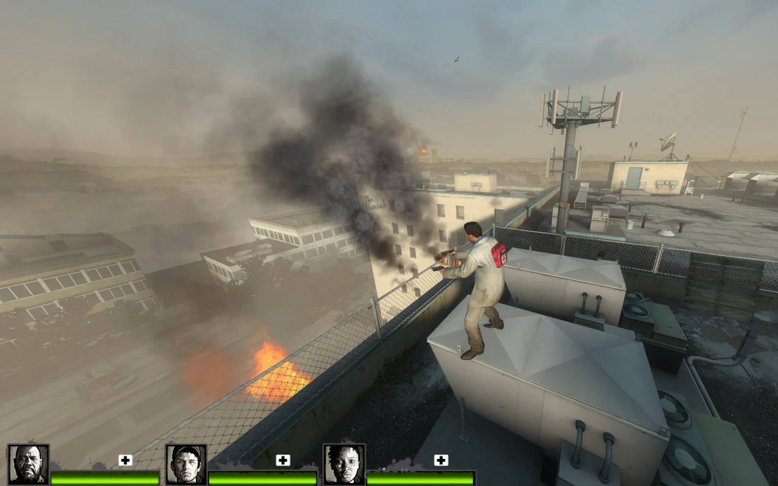 Left 4 Dead 2 in third person with KeithHook: Nick on a rooftop, firing