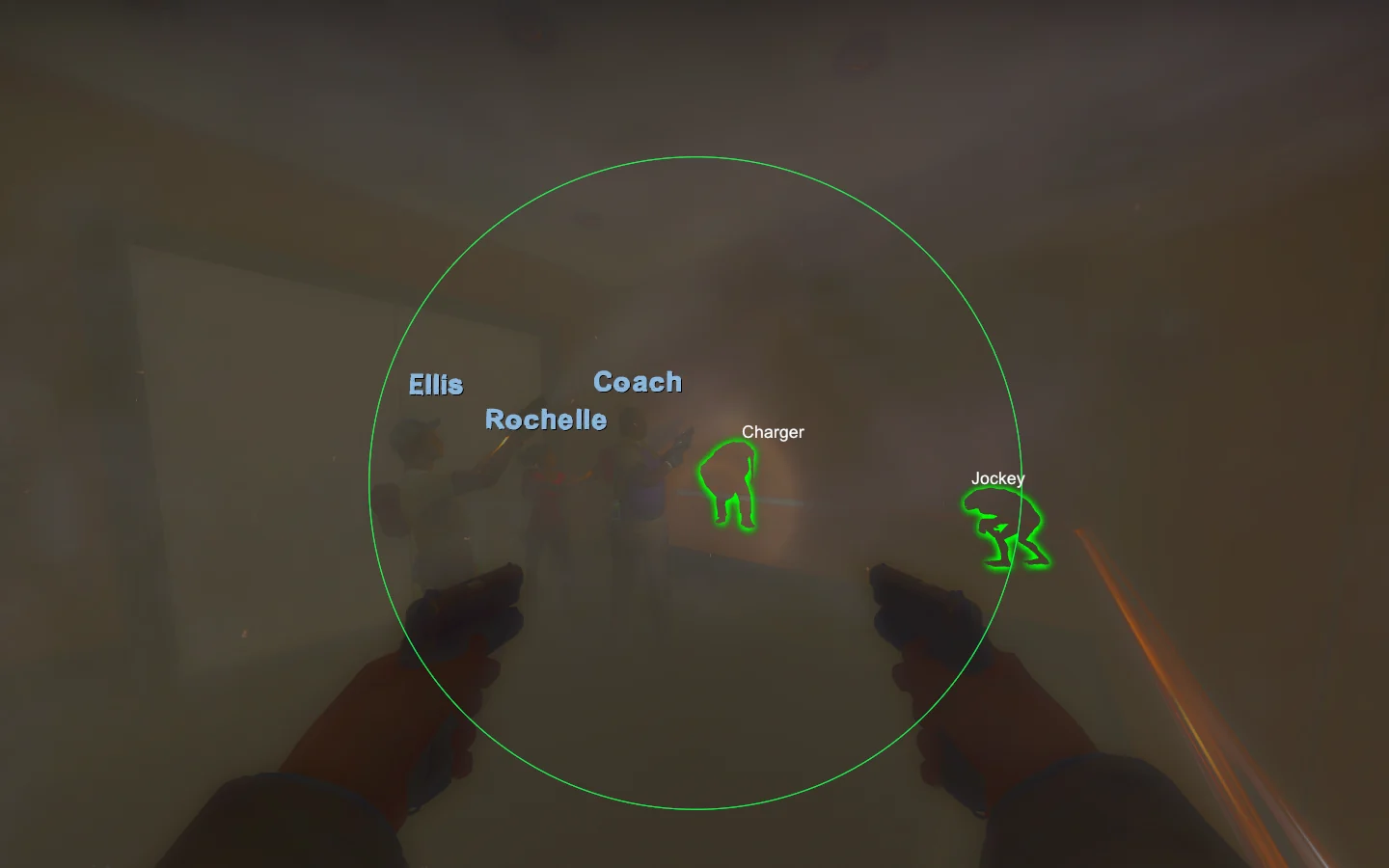 Wallhack: a Charger and a Jockey glowing green through the wall, every survivor named, and the aimbot's FOV circle