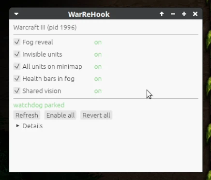 The WarReHook window, every feature ticked
