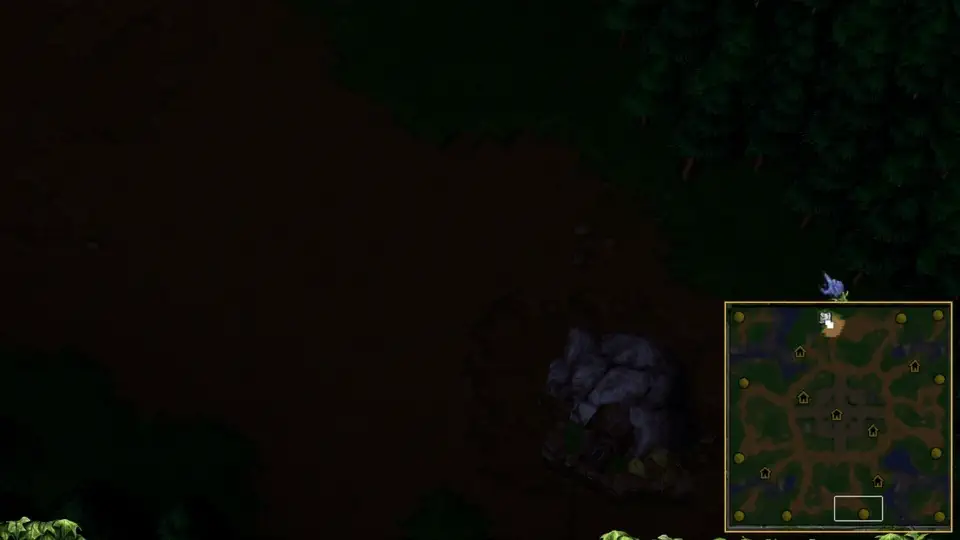 Warcraft III main map with enemy units hidden in the fog of war