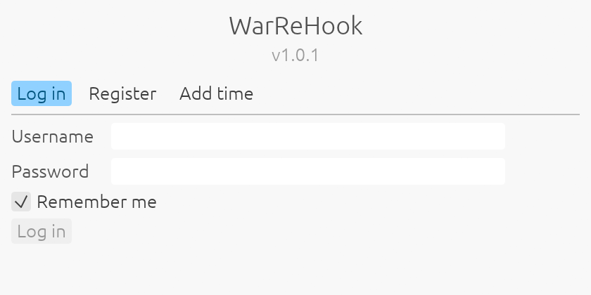 The WarReHook login window: username, password, Remember me